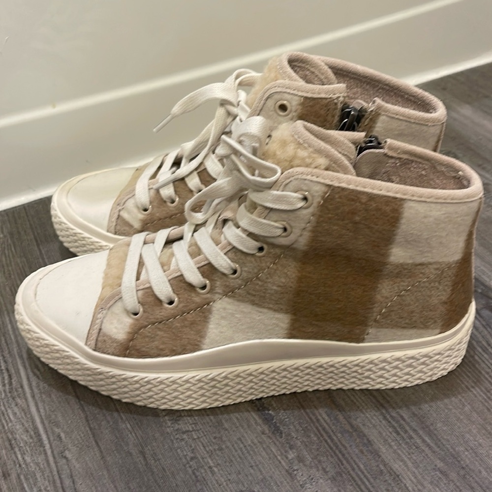Dolce Vita Veola Plush High-top sneaker in tan and cream checker print